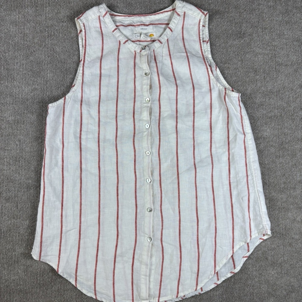 C&C California Women's Medium 100% Linen Sleeveless Button Front Striped Top